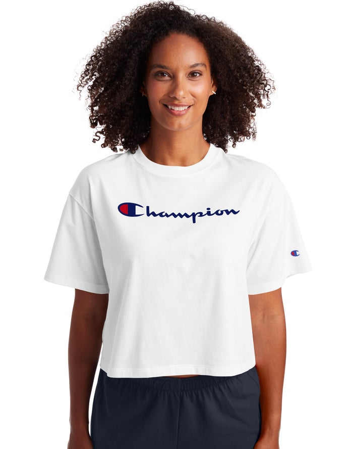 Champion T-Shirt Dames - Wit - Cropped Script Logo ( 091358-UCL )